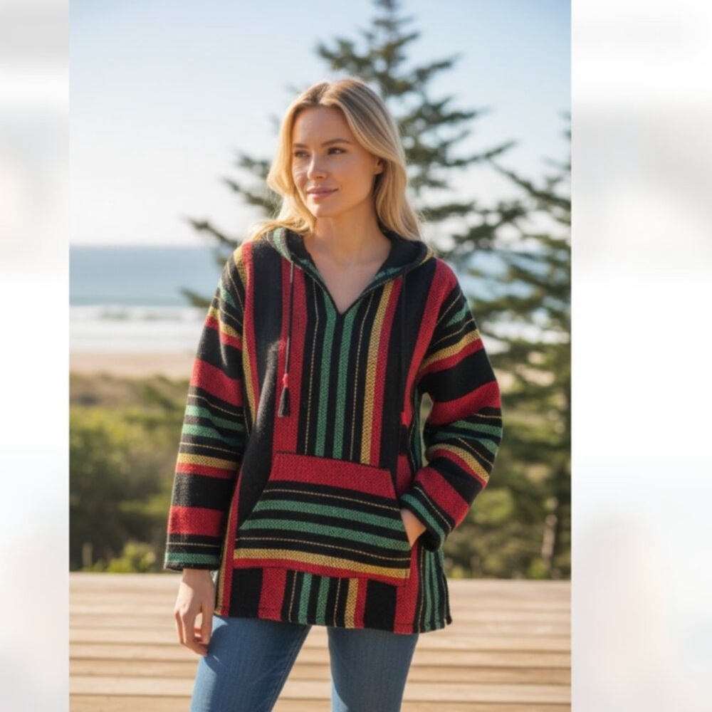 Beach Life by Ladrft Women's Rasta
Poncho Hoodie. Size: Large - Picture 2 of 12
